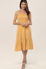 Yellow Shoulder Tie Smocked Maternity Midi Dress