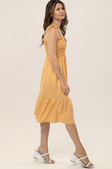 Yellow Shoulder Tie Smocked Midi Dress