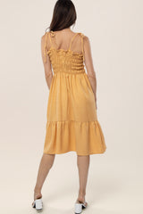 Yellow Shoulder Tie Smocked Midi Dress