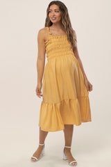 Yellow Shoulder Tie Smocked Maternity Midi Dress