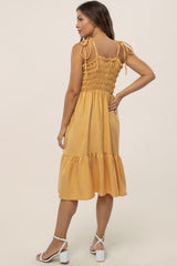 Yellow Shoulder Tie Smocked Maternity Midi Dress