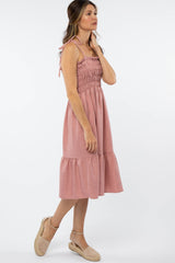 Mauve Shoulder Tie Smocked Midi Dress