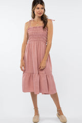 Mauve Shoulder Tie Smocked Midi Dress