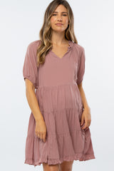 Pink Tiered Split Neck Maternity Dress