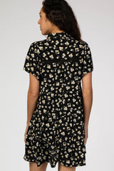 Black Floral Collared Button Front Tiered Dress