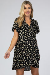 Black Floral Collared Button Front Tiered Maternity Dress