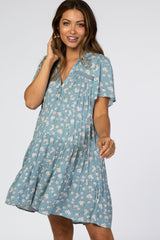 Blue Floral Collared Button Front Tiered Maternity Dress