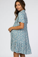 Blue Floral Collared Button Front Tiered Maternity Dress