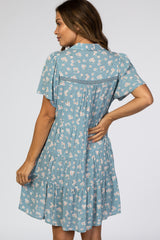 Blue Floral Collared Button Front Tiered Maternity Dress