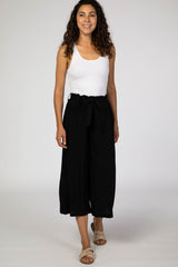 Black Linen Waist Tie Crop Wide Leg Maternity Pants