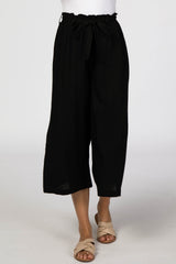 Black Linen Waist Tie Crop Wide Leg Pants