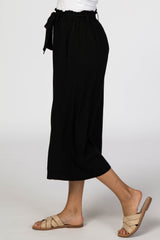 Black Linen Waist Tie Crop Wide Leg Pants