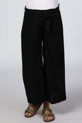 Black Linen Waist Tie Crop Wide Leg Maternity Pants