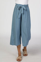 Blue Linen Waist Tie Crop Wide Leg Pants