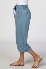 Blue Linen Waist Tie Crop Wide Leg Pants