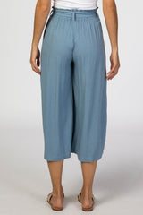 Blue Linen Waist Tie Crop Wide Leg Pants