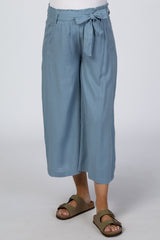 Blue Linen Waist Tie Crop Wide Leg Maternity Pants