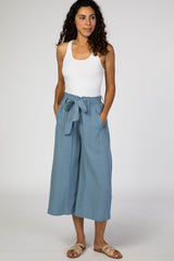 Blue Linen Waist Tie Crop Wide Leg Pants