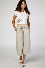 Taupe Linen Waist Tie Crop Wide Leg Maternity Pants