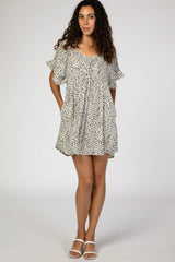 Cream Satin Dot Print Ruffle Sleeve Babydoll Maternity Dress