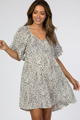 Cream Satin Dot Print Ruffle Sleeve Babydoll Maternity Dress