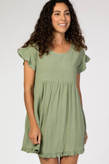 Light Olive Linen Crochet Shoulder Ruffle Trim Dress