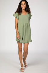 Light Olive Linen Crochet Shoulder Ruffle Trim Dress