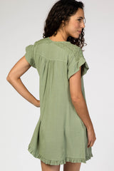 Light Olive Linen Crochet Shoulder Ruffle Trim Dress