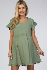 Light Olive Linen Crochet Shoulder Ruffle Trim Maternity Dress