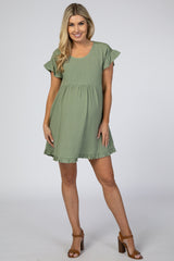 Light Olive Linen Crochet Shoulder Ruffle Trim Maternity Dress