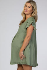 Light Olive Linen Crochet Shoulder Ruffle Trim Maternity Dress