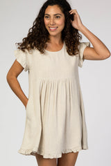 Beige Linen Crochet Shoulder Ruffle Trim Dress