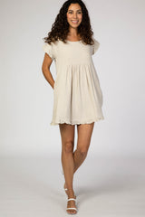 Beige Linen Crochet Shoulder Ruffle Trim Maternity Dress