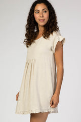 Beige Linen Crochet Shoulder Ruffle Trim Dress