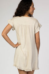 Beige Linen Crochet Shoulder Ruffle Trim Dress