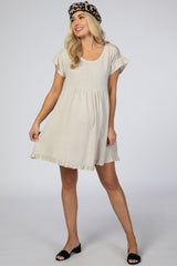 Beige Linen Crochet Shoulder Ruffle Trim Maternity Dress