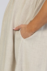 Beige Linen Crochet Shoulder Ruffle Trim Maternity Dress