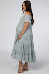 Blue Smocked Off Shoulder Ruffle Tiered Maternity Midi Dress