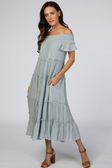 Blue Smocked Off Shoulder Ruffle Tiered Maternity Midi Dress