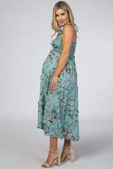 Blue Floral Ruffle Tiered Maternity Midi Dress