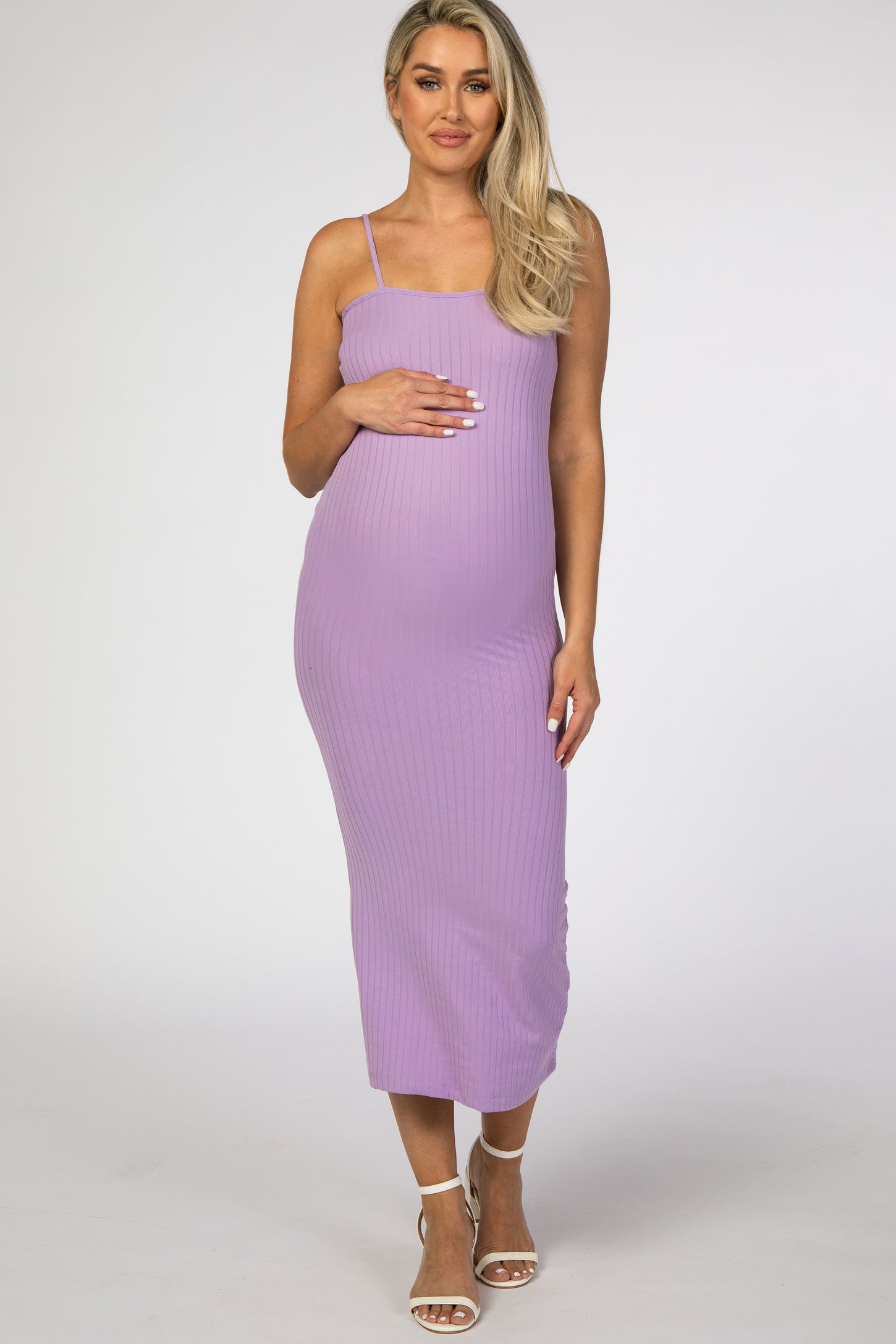 Lavender Square Neck Ribbed Fitted Maternity Midi Dress– PinkBlush