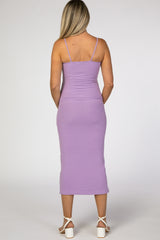 Lavender Square Neck Ribbed Fitted Maternity Midi Dress