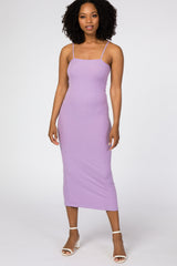 Lavender Square Neck Ribbed Fitted Midi Dress