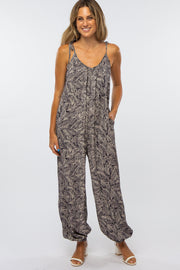 Black Leaf Print Shoulder Tie Jumpsuit