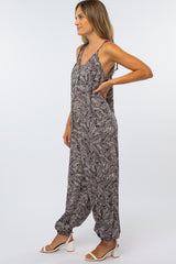 Black Leaf Print Shoulder Tie Jumpsuit