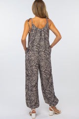 Black Leaf Print Shoulder Tie Jumpsuit