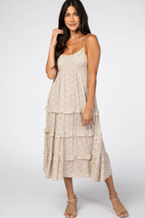 Beige Floral Ruffle Tiered Maternity Midi Dress