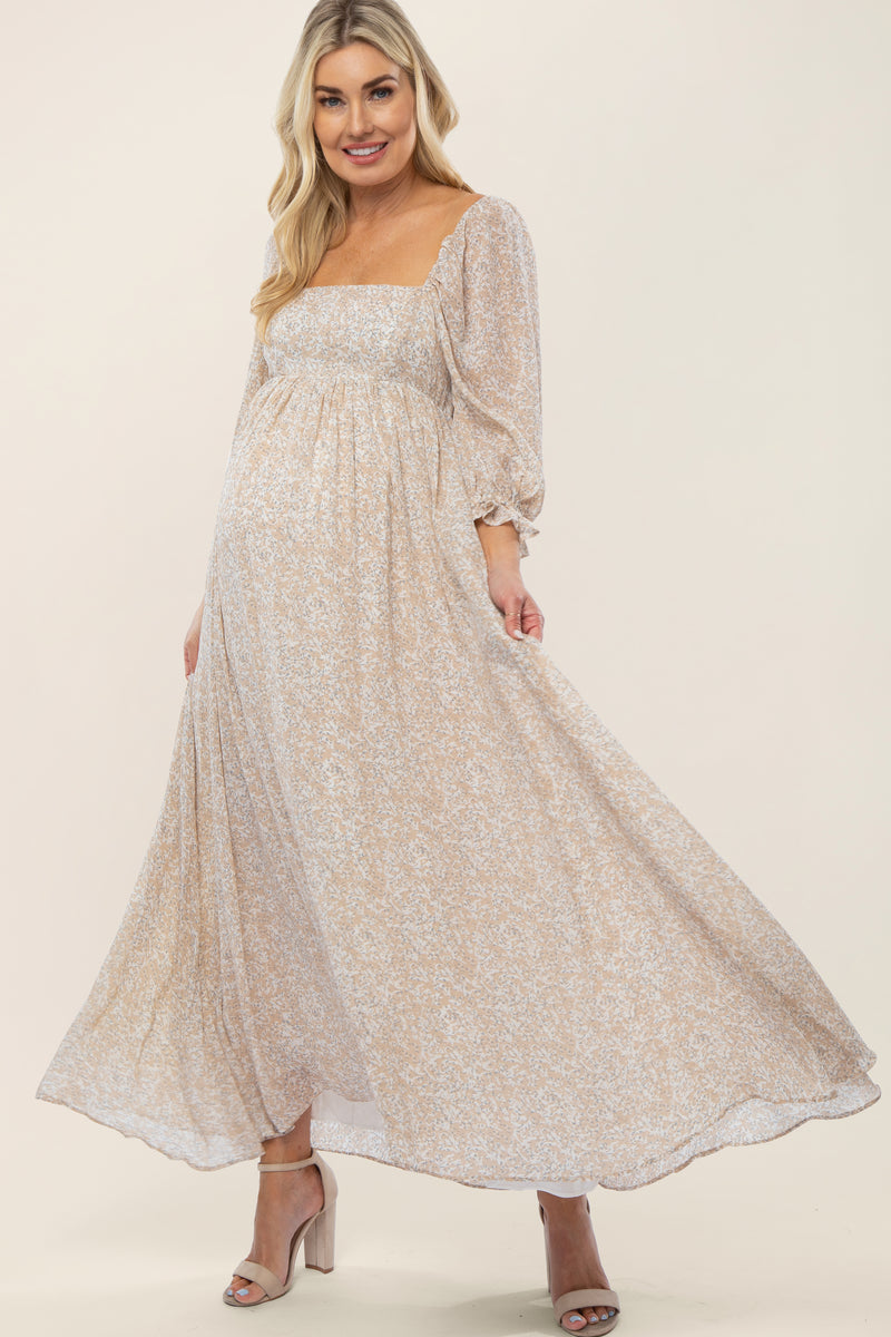 Beige Chiffon Printed Square Neck Empire Maternity Maxi Dress – PinkBlush