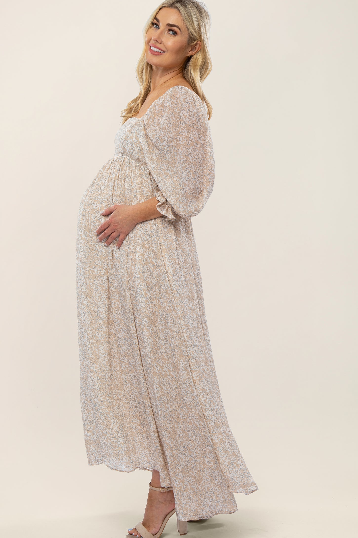 Beige Chiffon Printed Square Neck Empire Maternity Maxi Dress– PinkBlush