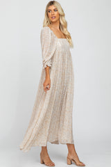 Beige Chiffon Printed Square Neck Empire Maxi Dress